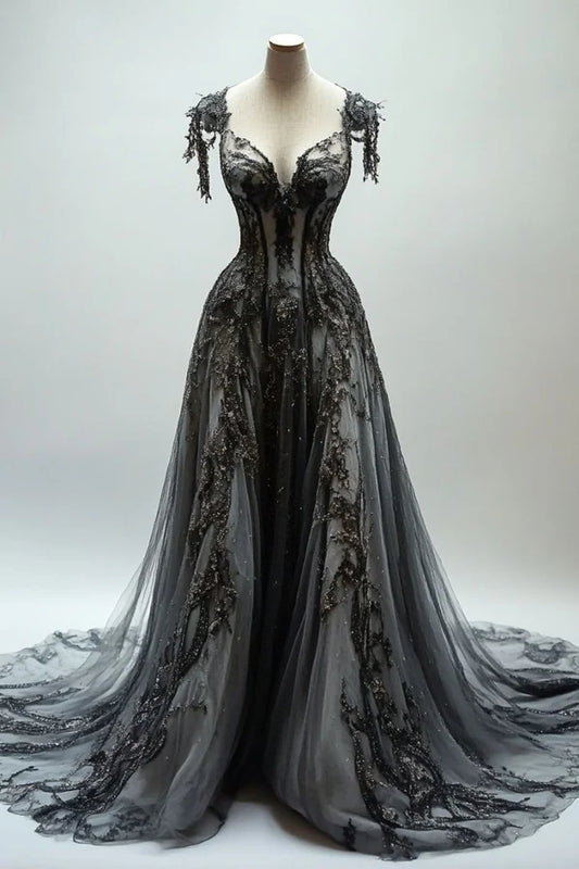 Schwarzes, elegantes, exquisites Spitzen-Lang-Tüll-Ballkleid mit bodenlangem Abendkleid und Brautkleid nv3770