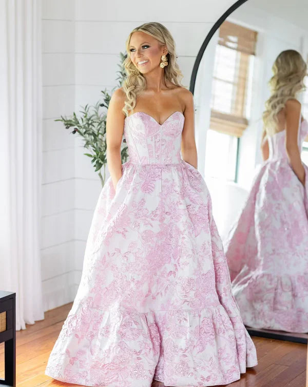 Rosa Mode Elegante Floral Lange Satin Ballkleid Abendkleid nv3624