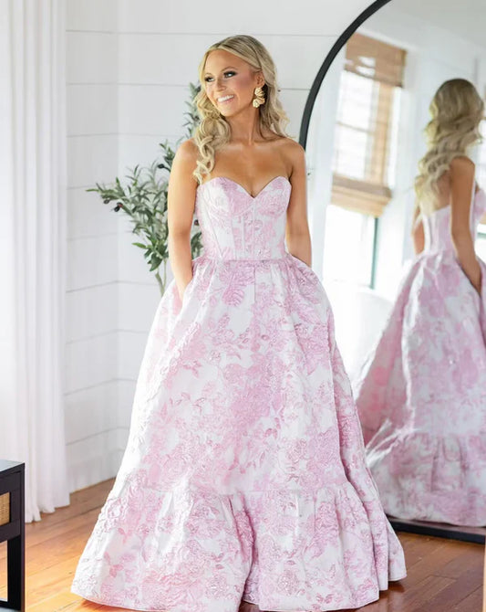 Pink Fashion Elegant Floral Long Satin Ball Gown Evening Dress nv3624