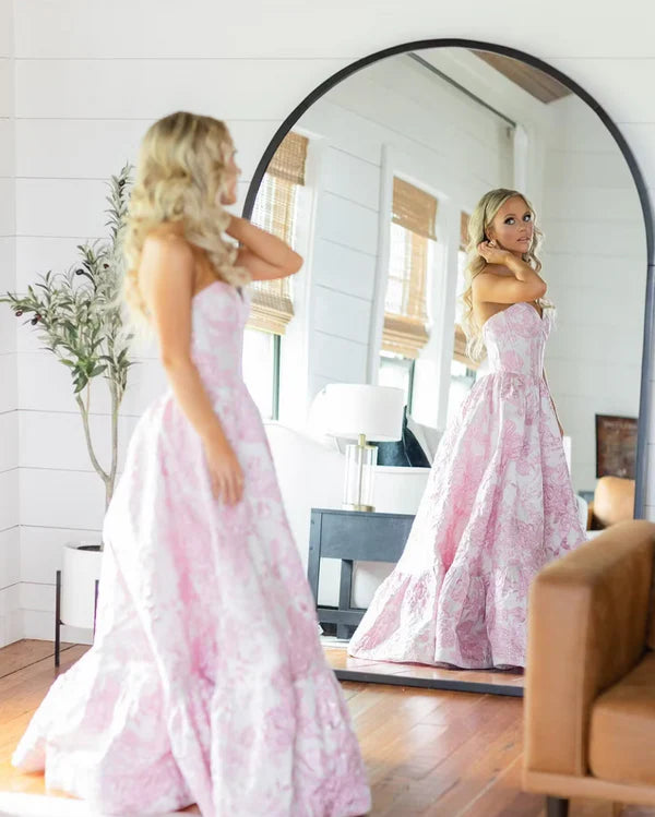 Rosa Mode Elegante Floral Lange Satin Ballkleid Abendkleid nv3624