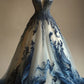 Blaues A-Linien-Abendkleid mit V-Ausschnitt und Perlenbesatz aus Tüll, langes Ballkleid, Partykleid, NV3759