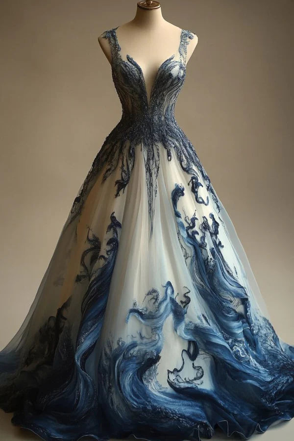 Blaues A-Linien-Abendkleid mit V-Ausschnitt und Perlenbesatz aus Tüll, langes Ballkleid, Partykleid, NV3759
