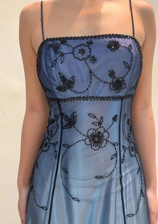 Blue Fashion Gradient Exquisite Beading Spaghetti Strap Long tulle Ball Gown Evening Gown Party Dress nv3723