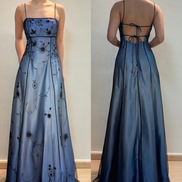 Robe de soirée longue en satin et tulle bleu vintage, magnifique et délicate, dégradée, avec perles, style impérial, robe de bal, robe de soirée, robe de bal, nv4032
