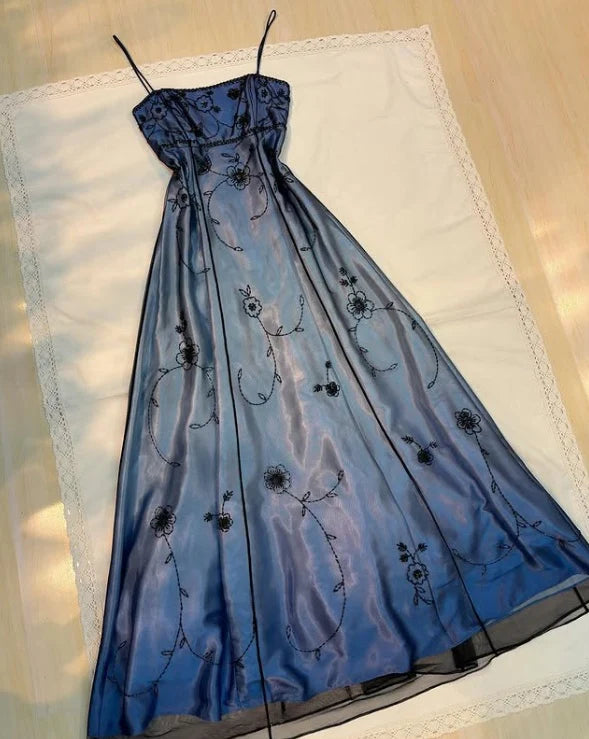Robe de soirée longue en satin et tulle bleu vintage, magnifique et délicate, dégradée, avec perles, style impérial, robe de bal, robe de soirée, robe de bal, nv4032