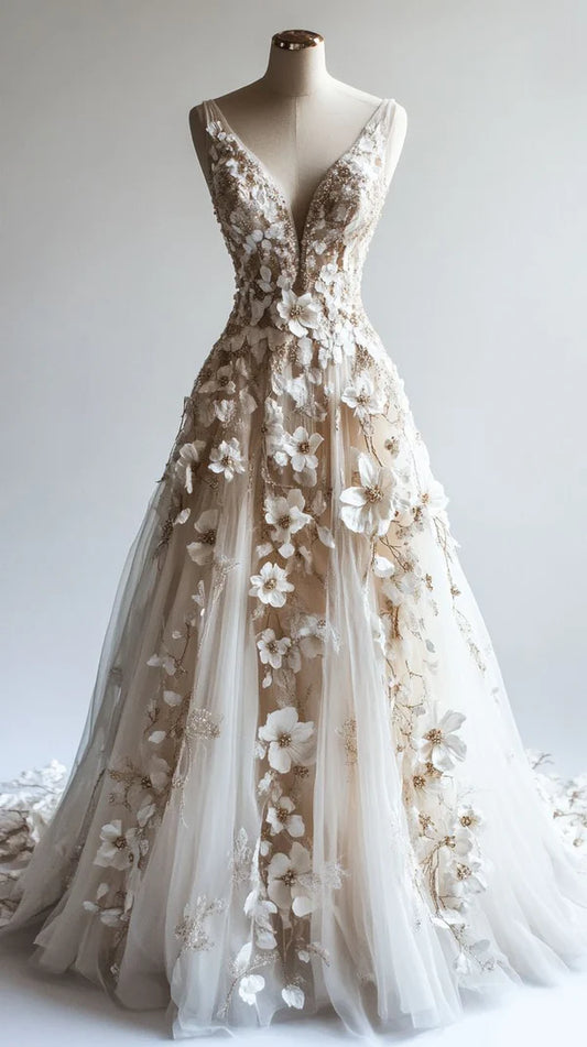Champagnerfarbenes Ballkleid mit Blumenmuster, tiefem V-Ausschnitt und 3D-Blumenprint, Abendkleid NV6566