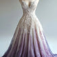 Robe de soirée longue en tulle rose et violet, élégante, dégradée, exquise, avec des appliques de perles, coupe trapèze, décolleté en cœur, bretelles, robe de mariée nv3754