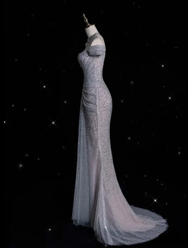 Silbernes, wunderschönes, exquisites, glänzendes Meerjungfrau-Kleid im Off-the-Shoulder-Stil mit Tüll und Strasssteinen, langes, mit Pailletten besetztes Ballkleid, formelles Abschlusskleid, Abendkleid nv3794