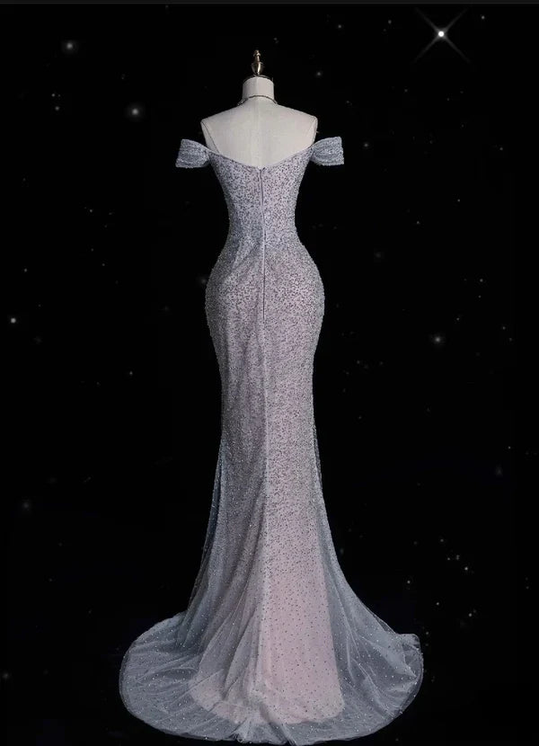 Silbernes, wunderschönes, exquisites, glänzendes Meerjungfrau-Kleid im Off-the-Shoulder-Stil mit Tüll und Strasssteinen, langes, mit Pailletten besetztes Ballkleid, formelles Abschlusskleid, Abendkleid nv3794