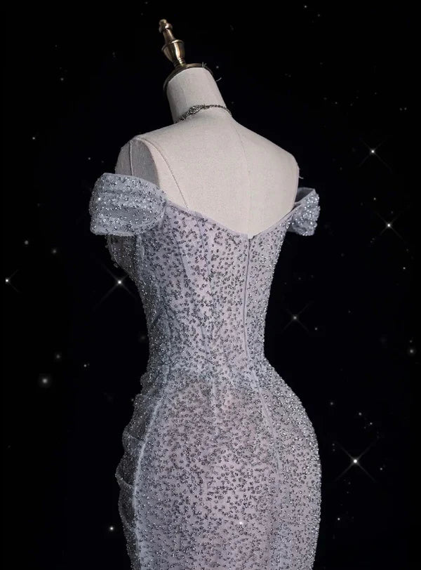 Silbernes, wunderschönes, exquisites, glänzendes Meerjungfrau-Kleid im Off-the-Shoulder-Stil mit Tüll und Strasssteinen, langes, mit Pailletten besetztes Ballkleid, formelles Abschlusskleid, Abendkleid nv3794