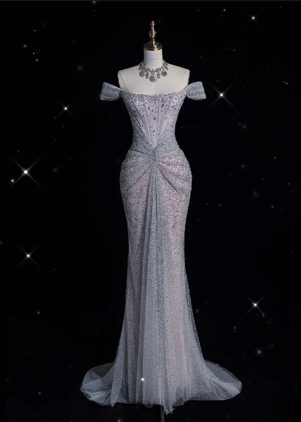 Silbernes, wunderschönes, exquisites, glänzendes Meerjungfrau-Kleid im Off-the-Shoulder-Stil mit Tüll und Strasssteinen, langes, mit Pailletten besetztes Ballkleid, formelles Abschlusskleid, Abendkleid nv3794