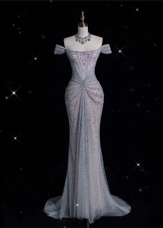 Silver Gorgeous Exquisite Shiny Mermaid Off-the-shoulder Tulle Rhinestone Long Sequined Prom Dress Formal Graduation Dress Evening Gown nv3794