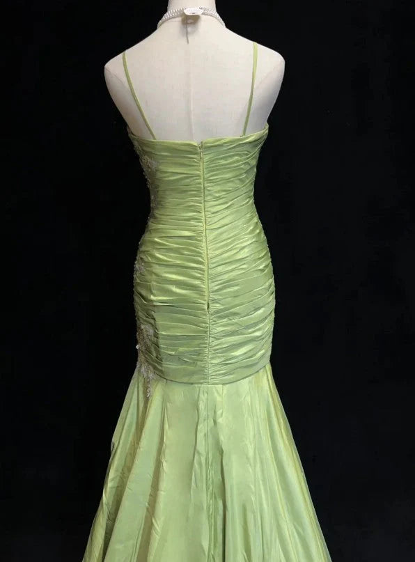 Robe de soirée longue verte vintage en satin à bretelles spaghetti et décolleté en cœur, style sirène, avec perles et paillettes, nv4167