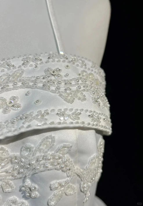 White A-line Beaded Satin Long Ball Gown Graduation Prom Dress Wedding Dress nv4292