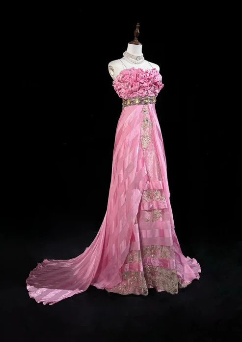 Pink Fashion Ruffled Mermaid Satin Beaded Long Ball Gown Evening Dress Beautiful Bride Wedding Dress nv4291