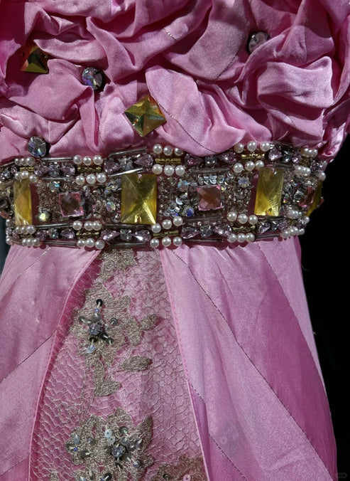 Pink Fashion Ruffled Mermaid Satin Beaded Long Ball Gown Evening Dress Beautiful Bride Wedding Dress nv4291