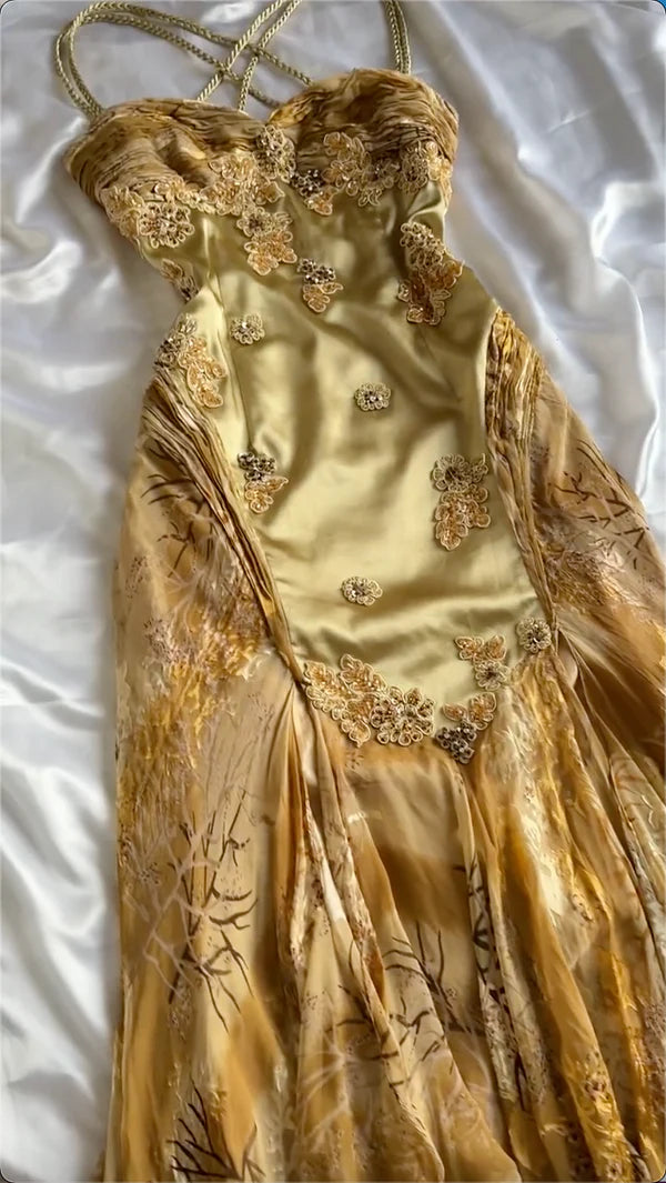 Gold Floral Elegant Long Satin Prom  Dress Evening Dress Party Dress nv4696