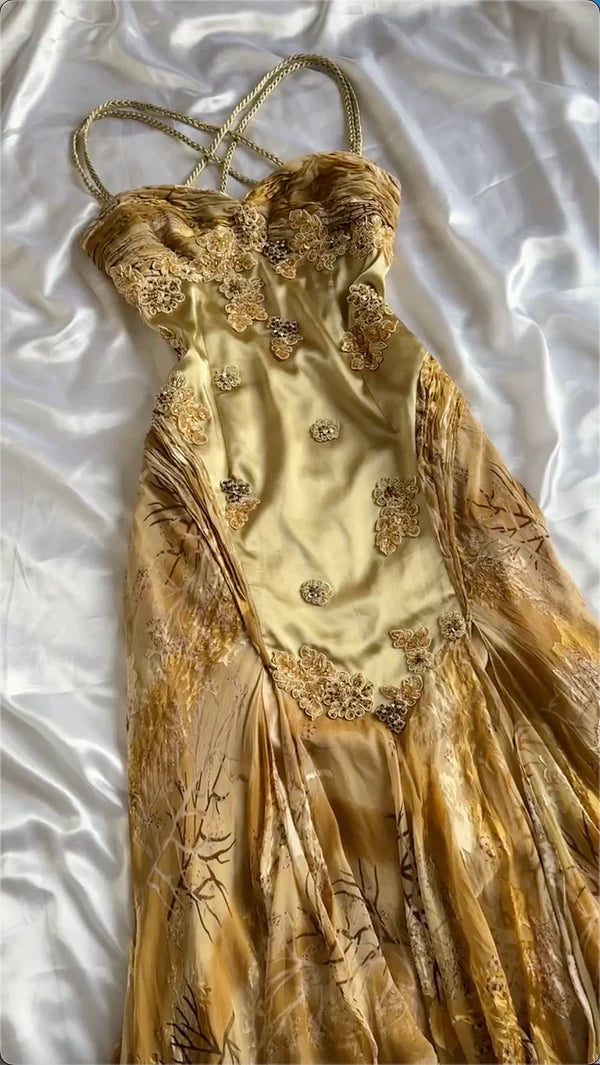 Gold Floral Elegant Long Satin Prom  Dress Evening Dress Party Dress nv4696