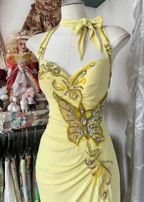 Gelb Elegante Mode Neckholder Exquisite Perlen Pailletten Strass Lange Chiffon Meerjungfrau Schlank Ballkleid Geburtstagskleid Partykleid Abendkleid nv3880