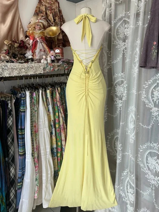 Gelb Elegante Mode Neckholder Exquisite Perlen Pailletten Strass Lange Chiffon Meerjungfrau Schlank Ballkleid Geburtstagskleid Partykleid Abendkleid nv3880