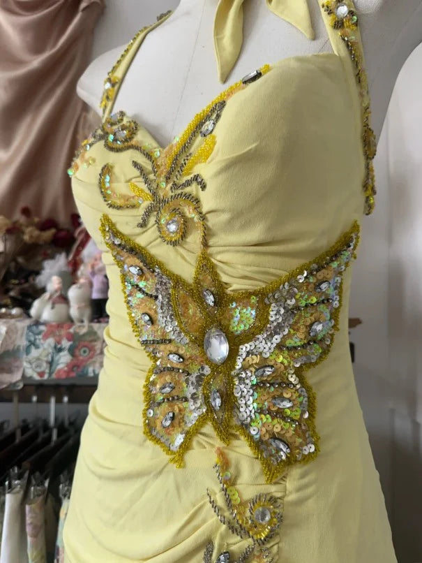 Gelb Elegante Mode Neckholder Exquisite Perlen Pailletten Strass Lange Chiffon Meerjungfrau Schlank Ballkleid Geburtstagskleid Partykleid Abendkleid nv3880