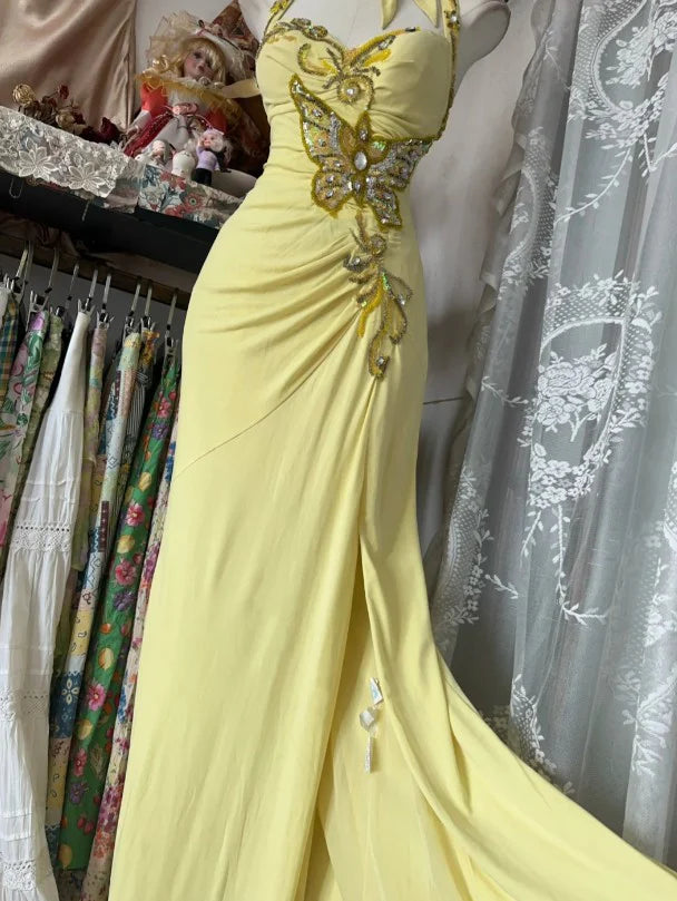 Gelb Elegante Mode Neckholder Exquisite Perlen Pailletten Strass Lange Chiffon Meerjungfrau Schlank Ballkleid Geburtstagskleid Partykleid Abendkleid nv3880
