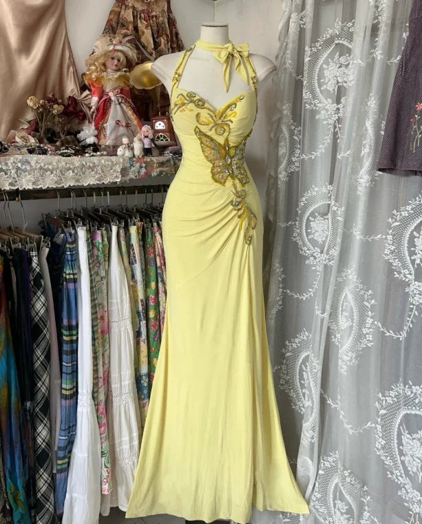 Gelb Elegante Mode Neckholder Exquisite Perlen Pailletten Strass Lange Chiffon Meerjungfrau Schlank Ballkleid Geburtstagskleid Partykleid Abendkleid nv3880