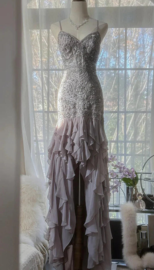Elegant Purple Spaghetti Strap Applique Bodycon Backless Evening Dress Chiffon Sequin Long Ball Gown Party Dress nv4111