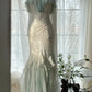 Robe de soirée longue en mousseline de soie, style sirène, romantique, vintage, vert menthe, avec perles, à volants, style conte de fées, nv4109