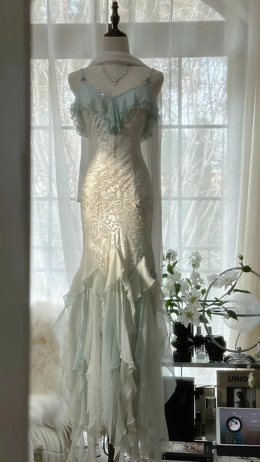 Mint Green Romantic Vintage Mermaid Beaded Long Chiffon Ball Gown Evening Dress Wedding Guest Party Dress Ruffle Fairytale Party Dress nv4109