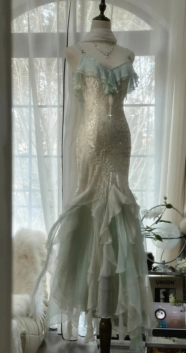 Mintgrünes, modisches, elegantes Spaghettiträgerkleid mit zarten Akzenten, langes, gerüschtes Meerjungfrauen-Chiffon-Ballkleid, Abendkleid, Partykleid, Abschlussballkleid, nv4034