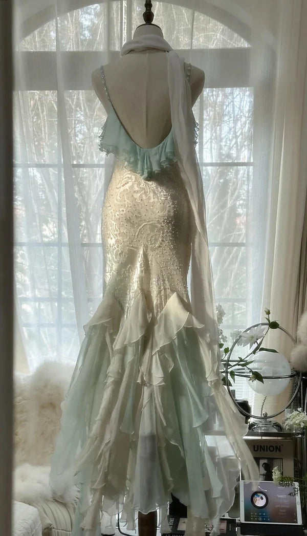 Mintgrünes, modisches, elegantes Spaghettiträgerkleid mit zarten Akzenten, langes, gerüschtes Meerjungfrauen-Chiffon-Ballkleid, Abendkleid, Partykleid, Abschlussballkleid, nv4034
