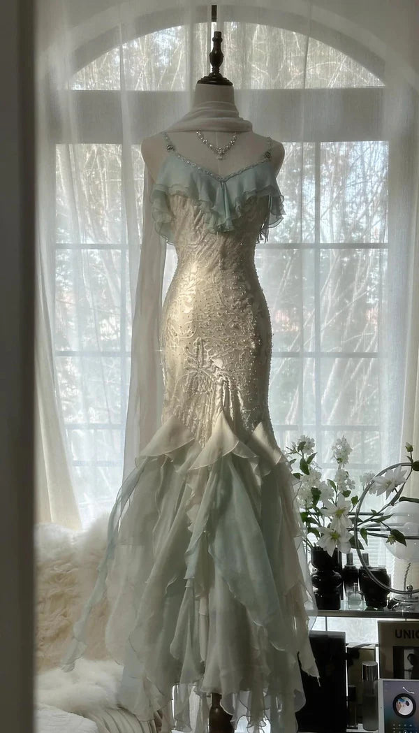 Mintgrünes, modisches, elegantes Spaghettiträgerkleid mit zarten Akzenten, langes, gerüschtes Meerjungfrauen-Chiffon-Ballkleid, Abendkleid, Partykleid, Abschlussballkleid, nv4034