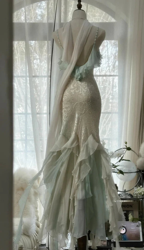 Mintgrünes, modisches, elegantes Spaghettiträgerkleid mit zarten Akzenten, langes, gerüschtes Meerjungfrauen-Chiffon-Ballkleid, Abendkleid, Partykleid, Abschlussballkleid, nv4034