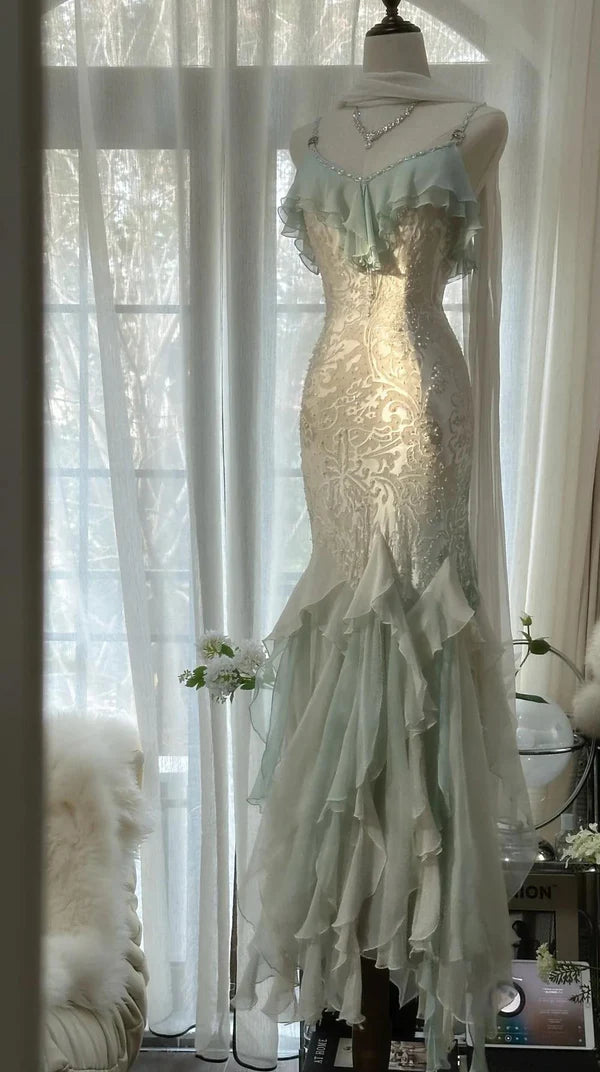 Robe de soirée longue en mousseline de soie, style sirène, romantique, vintage, vert menthe, avec perles, à volants, style conte de fées, nv4109