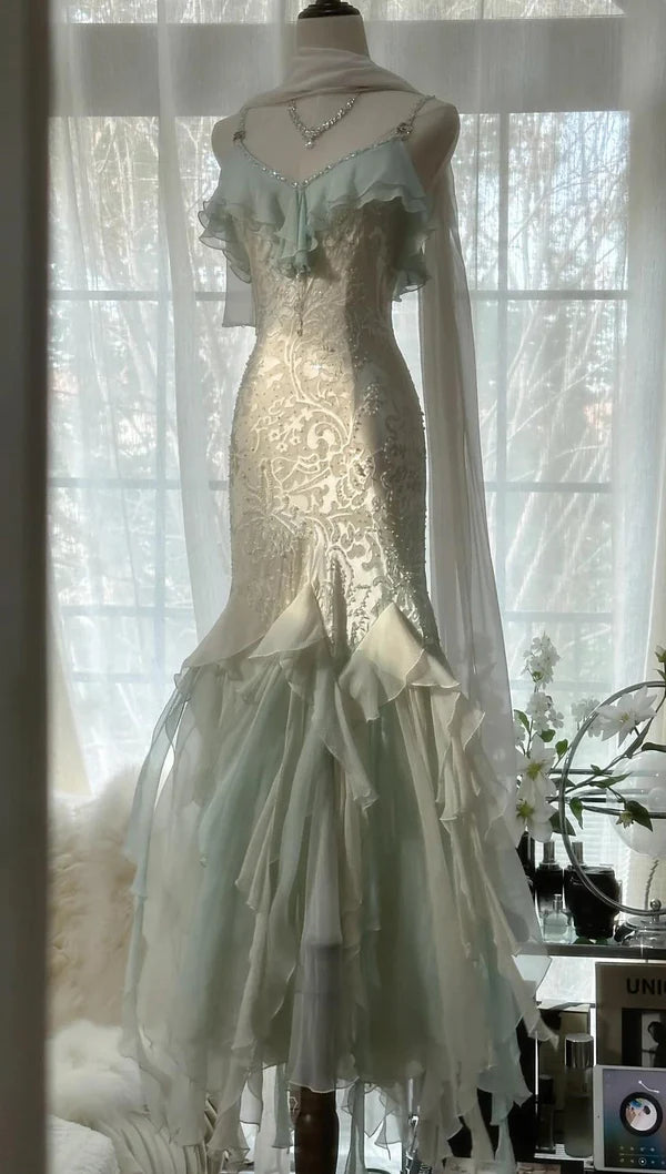 Mintgrünes, modisches, elegantes Spaghettiträgerkleid mit zarten Akzenten, langes, gerüschtes Meerjungfrauen-Chiffon-Ballkleid, Abendkleid, Partykleid, Abschlussballkleid, nv4034