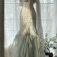 Robe de soirée longue en mousseline de soie, style sirène, romantique, vintage, vert menthe, avec perles, à volants, style conte de fées, nv4109