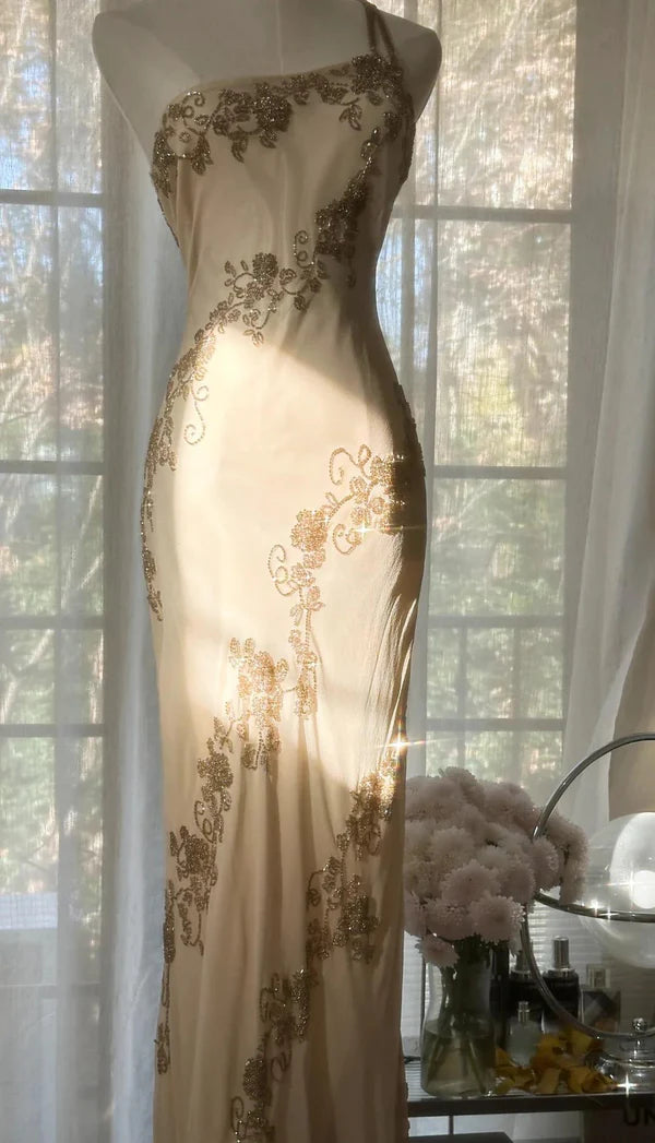 Robe moulante vintage champagne en mousseline de soie, asymétrique épaule dénudée, longue robe de bal perlée, robe de soirée, robe de bal de fin d'année, robe de soirée nv4110