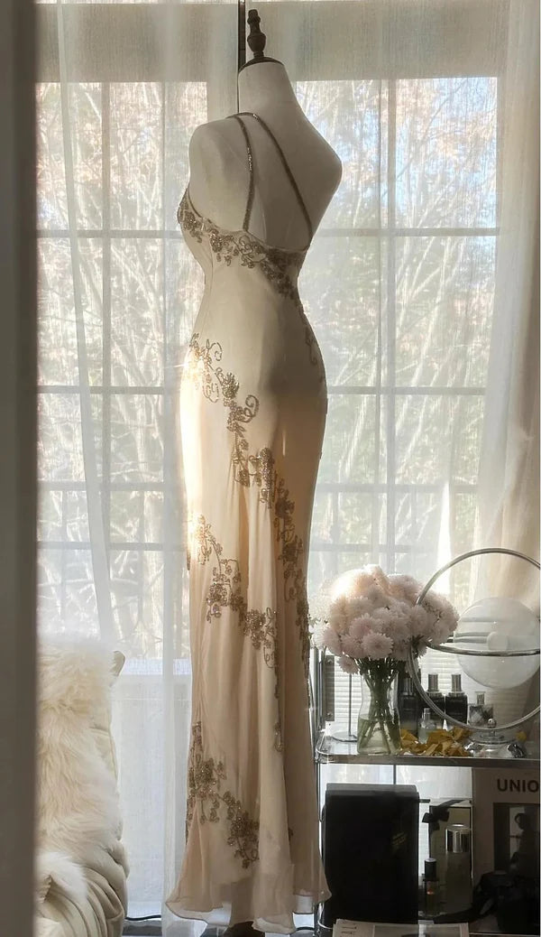 Robe moulante vintage champagne en mousseline de soie, asymétrique épaule dénudée, longue robe de bal perlée, robe de soirée, robe de bal de fin d'année, robe de soirée nv4110