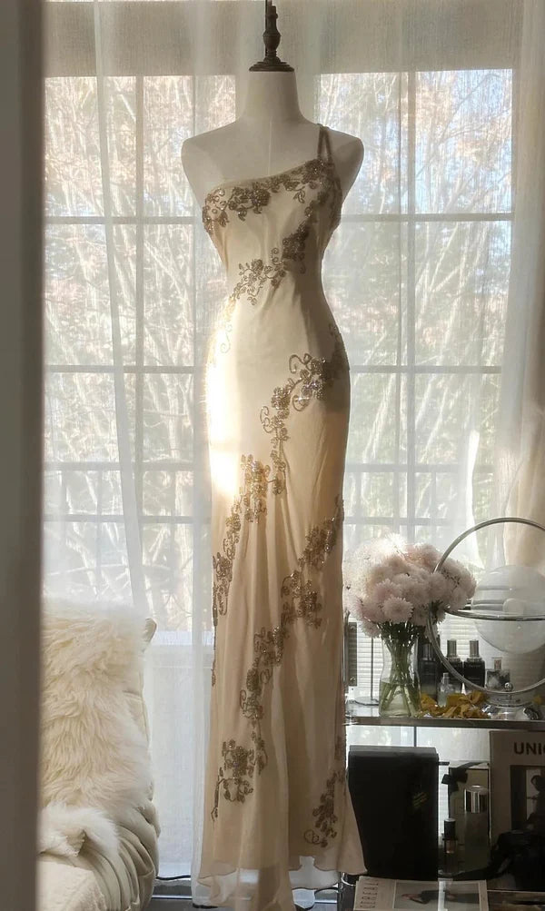 Robe moulante vintage champagne en mousseline de soie, asymétrique épaule dénudée, longue robe de bal perlée, robe de soirée, robe de bal de fin d'année, robe de soirée nv4110