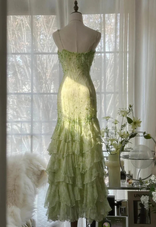 Grünes Meerjungfrau-Vintage-Kleid mit herzförmigem Ausschnitt und Perlen, mehrlagig, lang, Chiffon, Märchen-Ballkleid, Partykleid, nv4113