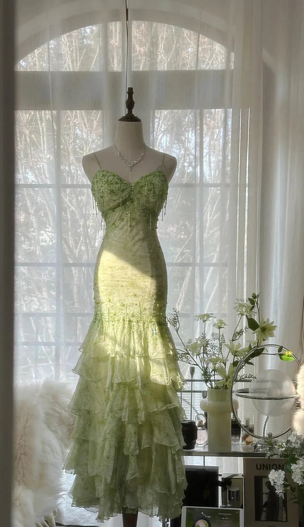 Grünes Meerjungfrau-Vintage-Kleid mit herzförmigem Ausschnitt und Perlen, mehrlagig, lang, Chiffon, Märchen-Ballkleid, Partykleid, nv4113