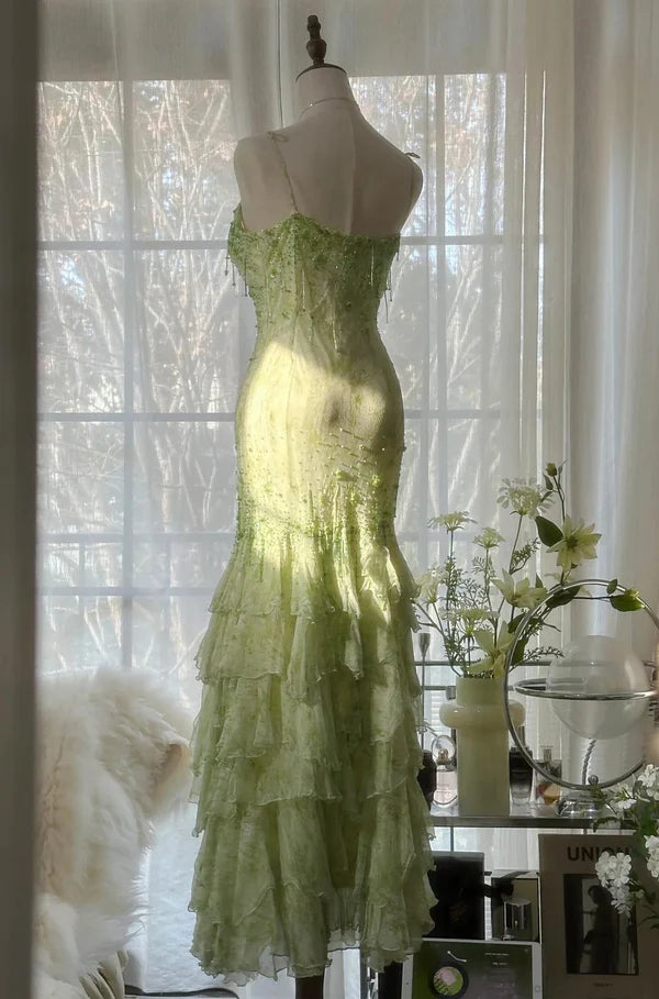 Grünes Meerjungfrau-Vintage-Kleid mit herzförmigem Ausschnitt und Perlen, mehrlagig, lang, Chiffon, Märchen-Ballkleid, Partykleid, nv4113