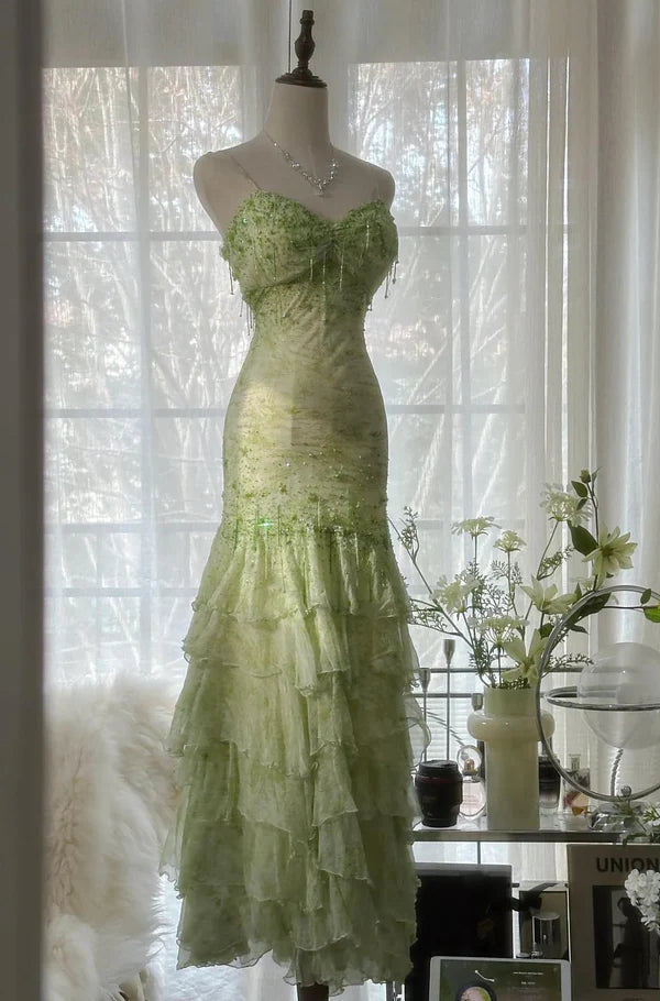 Grünes Meerjungfrau-Vintage-Kleid mit herzförmigem Ausschnitt und Perlen, mehrlagig, lang, Chiffon, Märchen-Ballkleid, Partykleid, nv4113