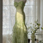 Grünes Meerjungfrau-Vintage-Kleid mit herzförmigem Ausschnitt und Perlen, mehrlagig, lang, Chiffon, Märchen-Ballkleid, Partykleid, nv4113