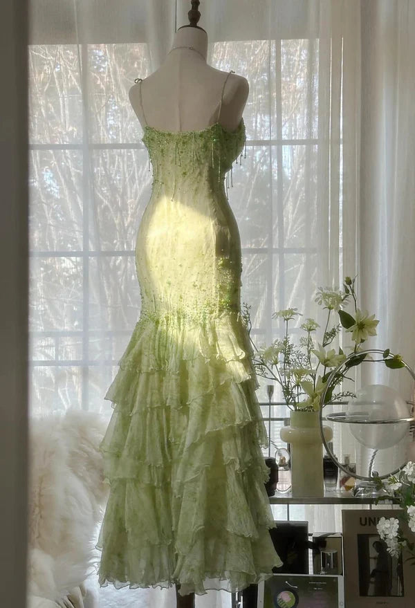 Grünes Meerjungfrau-Vintage-Kleid mit herzförmigem Ausschnitt und Perlen, mehrlagig, lang, Chiffon, Märchen-Ballkleid, Partykleid, nv4113