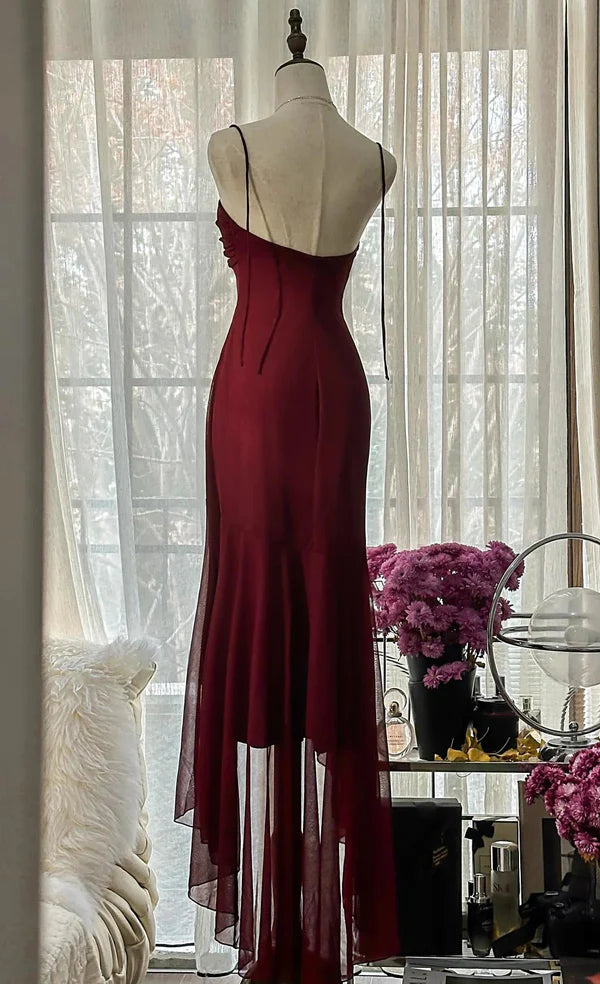 Vintage Red Mermaid Off-the-shoulder Long Chiffon Ball Gown Graduation Prom Dress Party Dress nv3761
