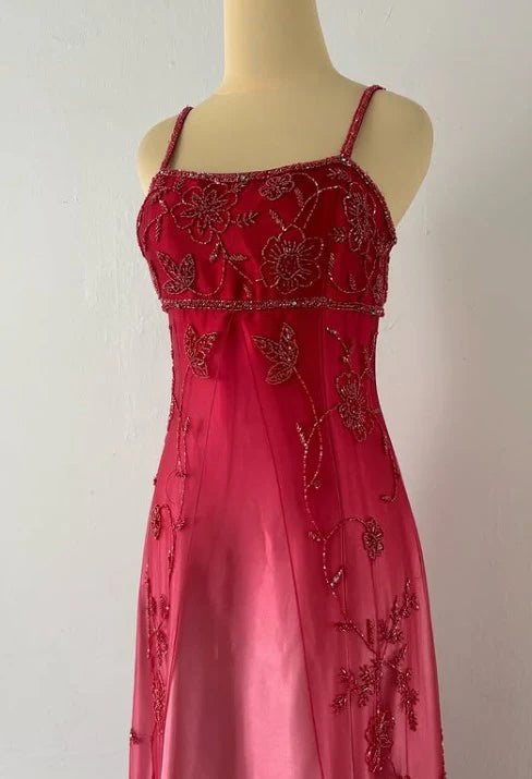 Blau/Rosa Exquisites Vintage-Abendkleid mit Perlenverzierung und Farbverlauf, langes Ballkleid, Partykleid, nv4272