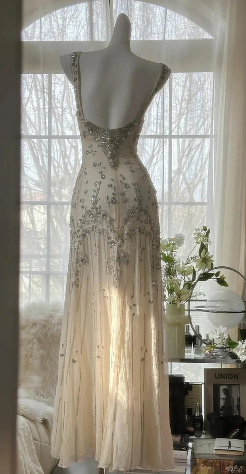 Elfenbeinweißes elegantes Spaghettiträger-Chiffon-Langkleid mit Perlenbesatz, Meerjungfrauenkleid, Ballkleid, Abendkleid, Partykleid, nv4228