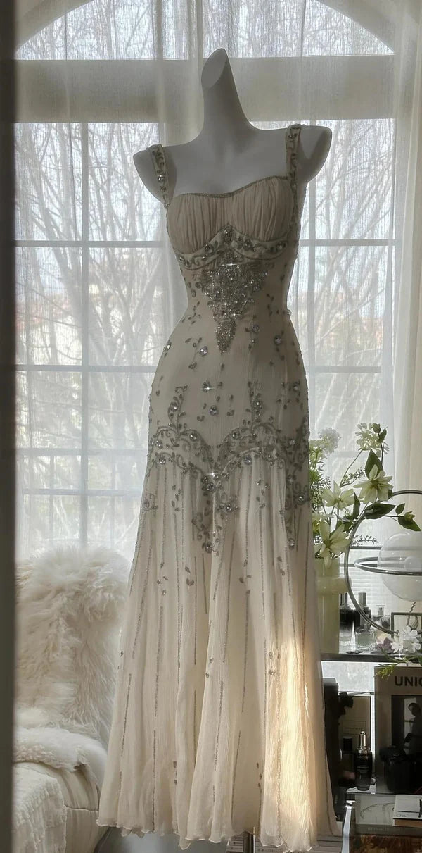 Elfenbeinweißes elegantes Spaghettiträger-Chiffon-Langkleid mit Perlenbesatz, Meerjungfrauenkleid, Ballkleid, Abendkleid, Partykleid, nv4228